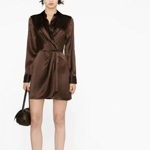 NWT Reformation Alaine Silk Collared Shirtdress in Cafe Brown Size 2